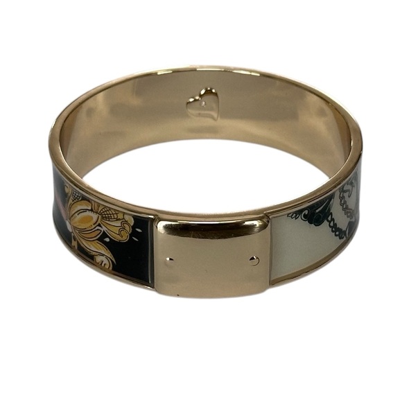 CHICO’S Gold Tone Hinged Bangle Bracelet Floral Chain Motifs Black White - Picture 3 of 6